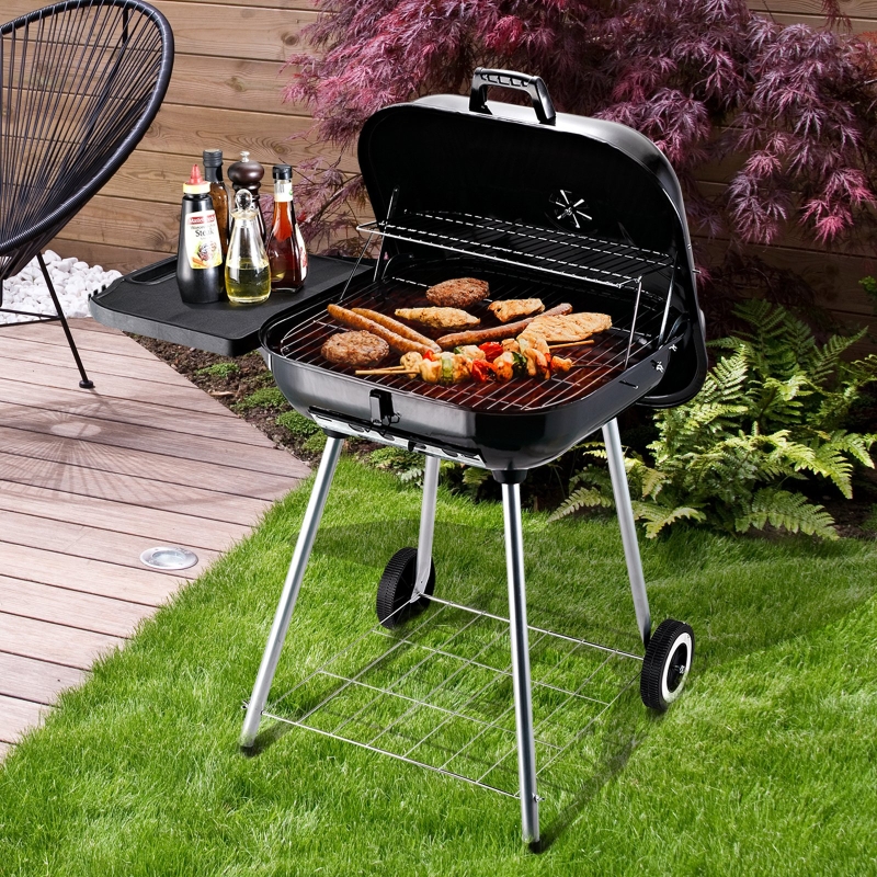 Outsunny 22" Portable Steel Charcoal Grill Outdoor BBQ Picnic Cooking Smoker Free Standing Barbecue Heat Control w/ Wheel & Storage Side Table Black