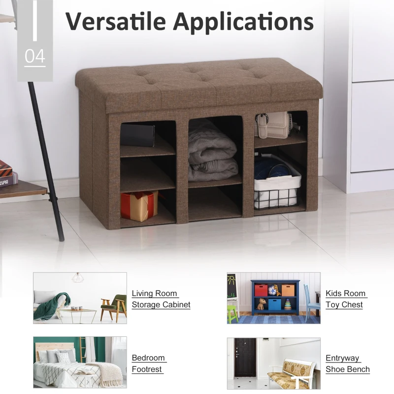 HOMCOM Modern Folding Shoe Storage Bench with Flipping Lid, Ottoman Bench for Bedroom & Hallway with 9 Cubes, Brown