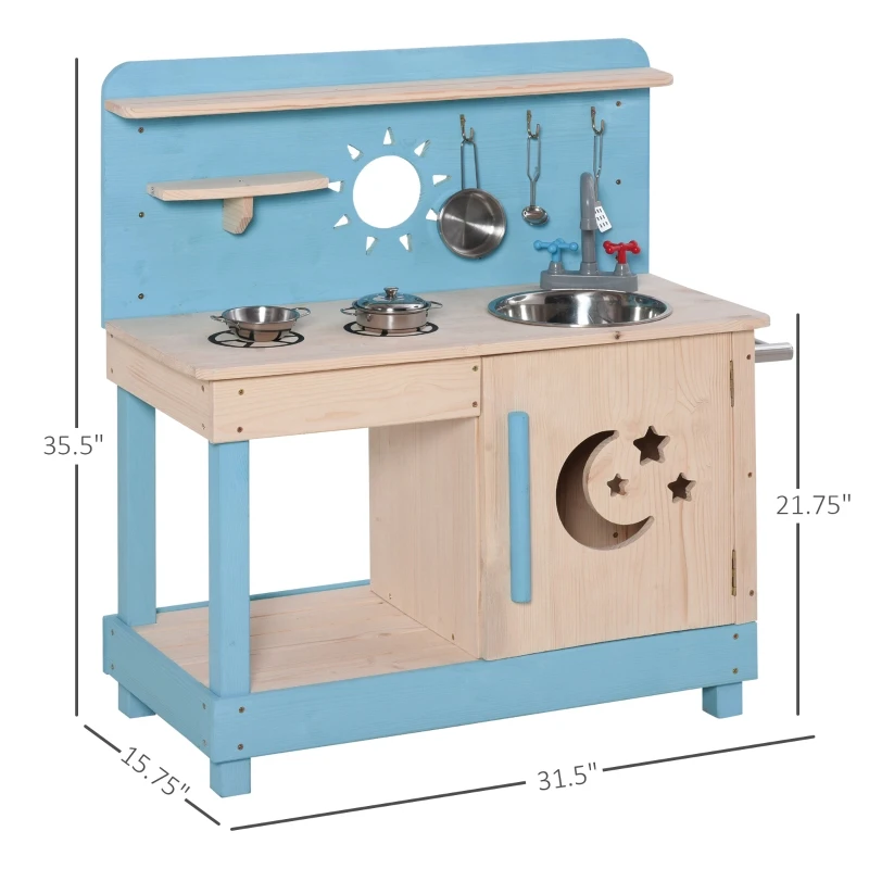 Outsunny Wooden Kids Kitchen with Pots and Pans, Storage Shelf Cabinet, Side Hanger, Sun, Moon, Star Pattern for 3+