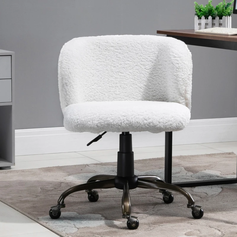 HOMCOM Faux Fur Home Office Chair, Accent Swivel Desk Chair, Makeup Vanity Seat with Adjustable Height, White