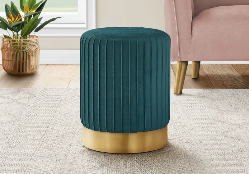 Monarch Upholstered Round Ottoman Pouf Stool with Metal Base - Turquoise Velvet / Gold Metal