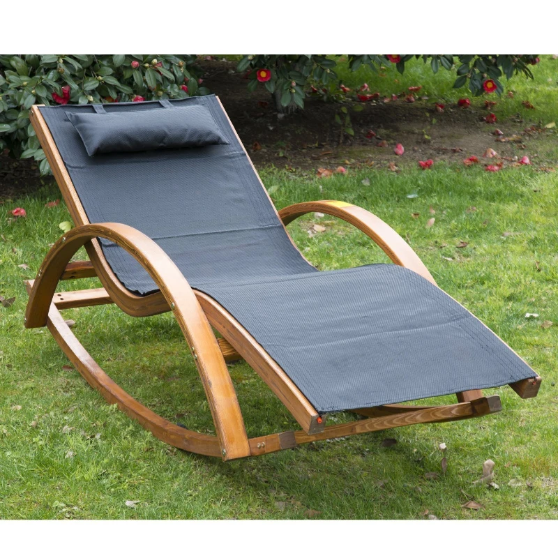 Outsunny Wooden Mesh Patio Rocking Chaise Lounge Outdoor Recliner Chair with Pillow – Black & Teak