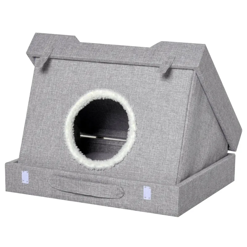 PawHut Cat House Foldable Kitten Cave 2 In 1 Design Condo Pet Bed with Soft Removable Washable Cushions Scratching Pad Suitcase Style Easy to Carry Grey