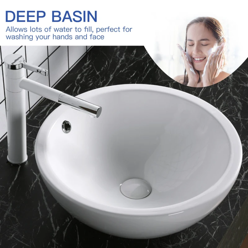 kleankin 18" x 18" Bathroom Vessel Sink, Porcelain Round bowl Art Design Basin Above Counter Ceramic Bathroom Vanity Sink, White