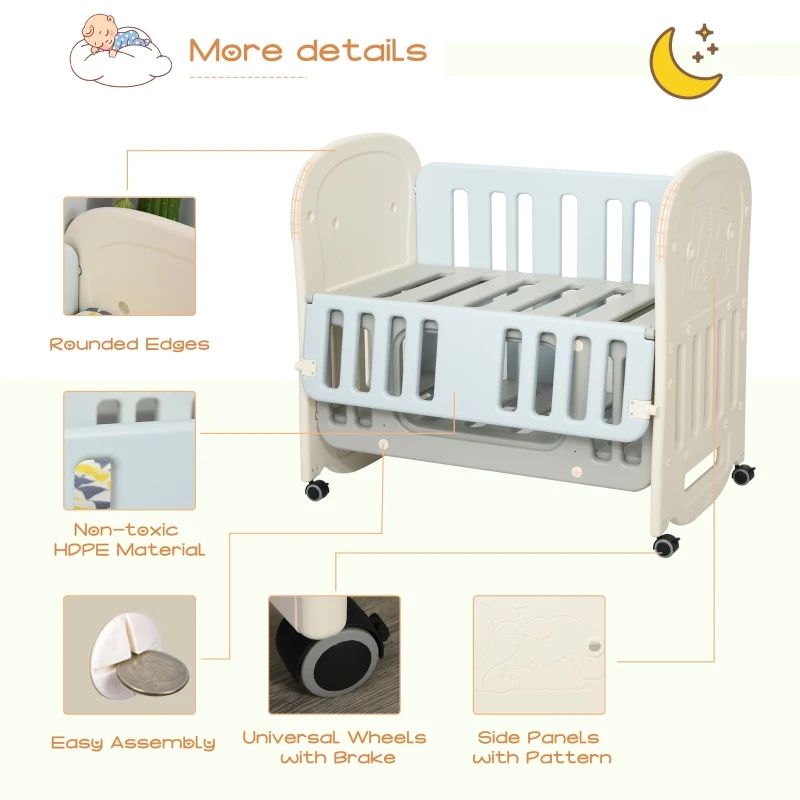 Qaba Baby Crib 3 In 1 Design Toddler Cot Cradle Beside Sleeping Cot with Storage Function Detachable Lockable Wheels for Infant Newborn Age 0 to 6 Months
