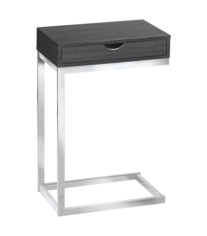 Monarch 25" Contemporary Chrome Metal Base C-Shaped Side Accent Table with Storage Drawer - Grey Wood Grain-Look Finish