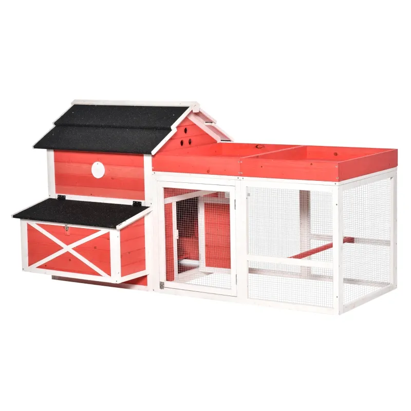 PawHut 82" Chicken Coop Wooden Rabbit Hutch Small Animal Habitat Hen Ducks House with Run Nesting Box Waterproof Roof, Red