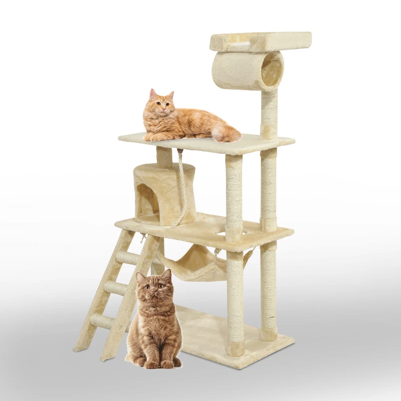 Pawhut 55Inch Cat Climbing Tree Condo Kitten Scratching Post Sisal Activity Center Beige