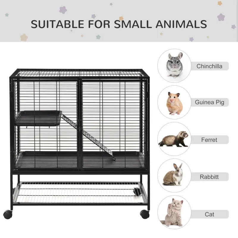 PawHut 42" Small Animal Cage with Wheels Removable Tray, 2-Tier Pet Playpen for Ferrets Chinchillas Guinea Pigs Kittens with Platform, Ramp