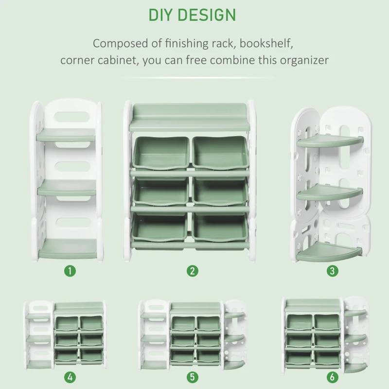 Qaba Kids Toy Storage Organizer with Detaching Sections for Corner Storage, Lightweight Toy Shelf for Kids with Large Capacity, Bin Storage Shelf, Green