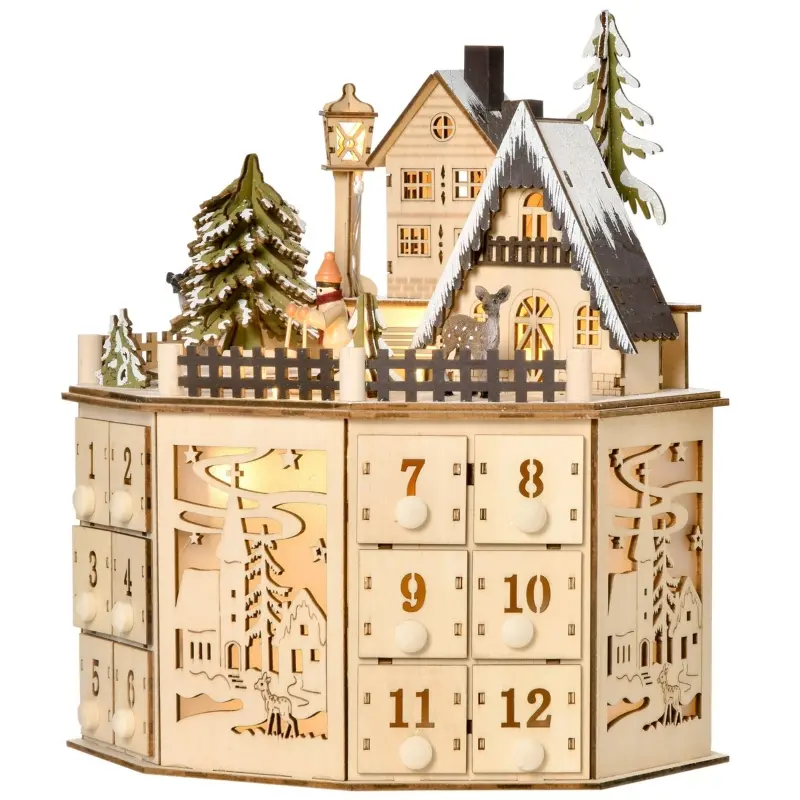 HOMCOM Christmas Advent Calendar, Light Up Table Xmas Wooden Holiday Decoration with Countdown Drawers and Village, for Kids and Adults, Natural