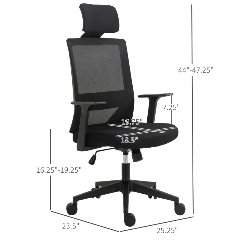 Vinsetto High Back Office Chair Swivel Task Chair with Lumbar Back Support, Breathable Mesh, and Adjustable Height, Headrest, Black