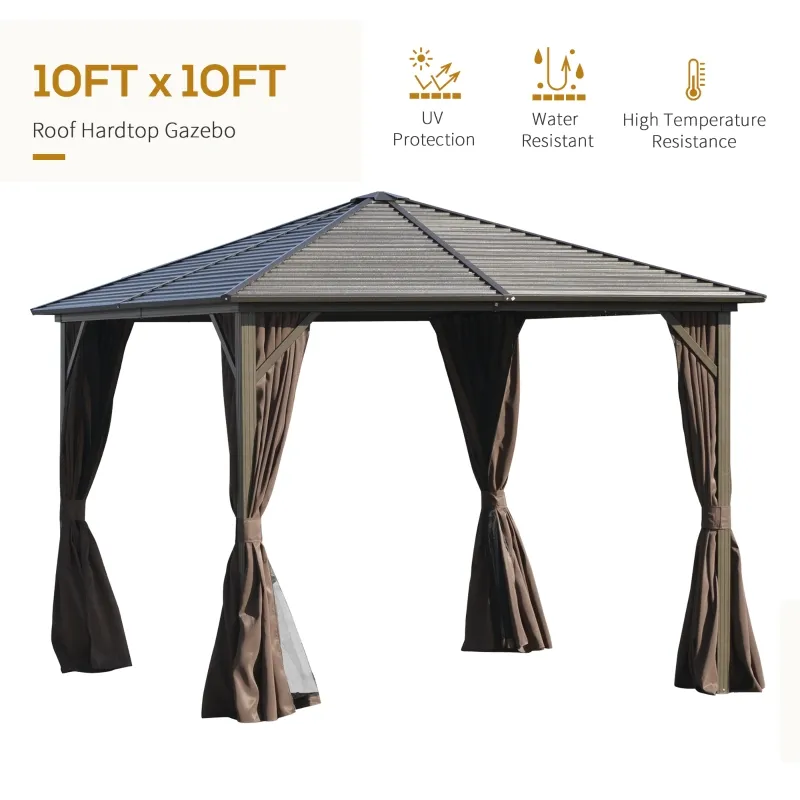 Outsunny 10' x 10' Hardtop Gazebo with Curtains and Netting, Permanent Pavilion Metal Roof Gazebo Canopy with Aluminum Frame, for Garden, Patio, Backyard, Deck, Dark Brown