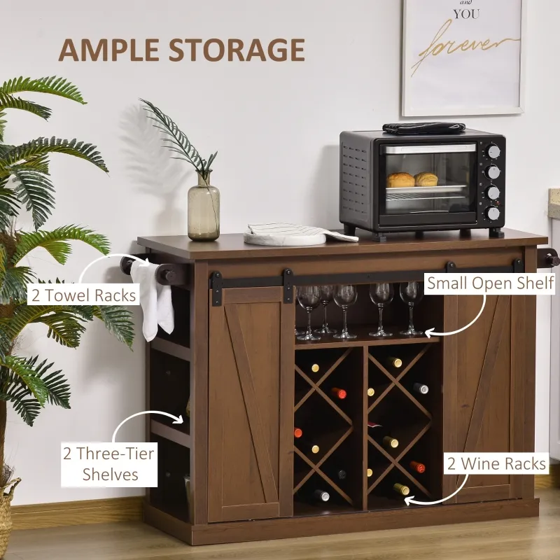 HOMCOM 53" Rolling Kitchen Island with Storage Shelves, Utility Kitchen Trolley Rolling Cart on Wheels with Sliding Barn Doors, Wine Rack and Towel Holders, Walnut