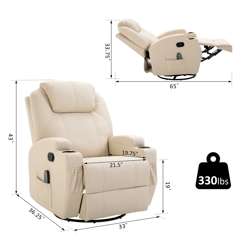 HOMCOM PU Leather Massing Recliner with 8-Point Vibration, Cup Holders, Manual Pull Handle and 360 Swivel, Beige