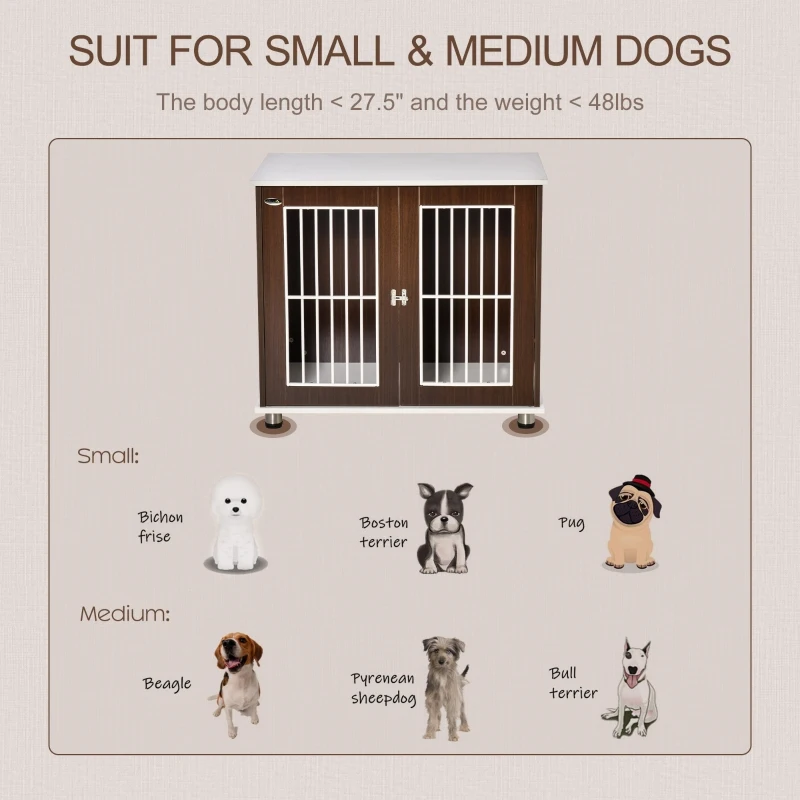 PawHut 34'' Wooden Dog Cage, Modern Wire Dog Crate, Pet Kennel with Door, Lock, Adjustable Foot Pads, for Small and Medium Dogs, Coffee and White