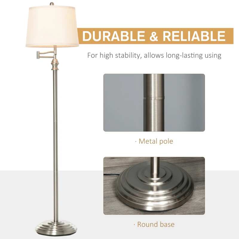 HOMCOM Standing Floor Lamp Tall Pole Light with Shade, Metal Round Base Adjustable Support Pole, E26 Bulb Base, for Bedroom, Living Room, Office, Silver/Beige