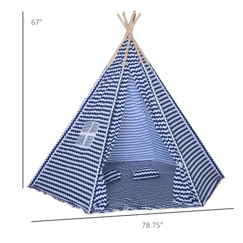 Qaba Kids Teepee Play Tent Portable Children Playhouse Toy for Boys and Girls with Mat Pillow Carry Case Indoor Outdoor Games Blue