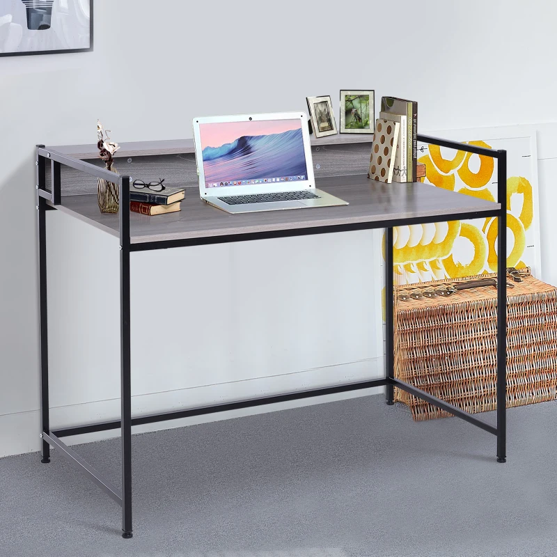 HOMCOM Computer Desk Wood Top Workstation PC Laptop Study Writing Table Home Office w/ Raised Rack Grey Oak