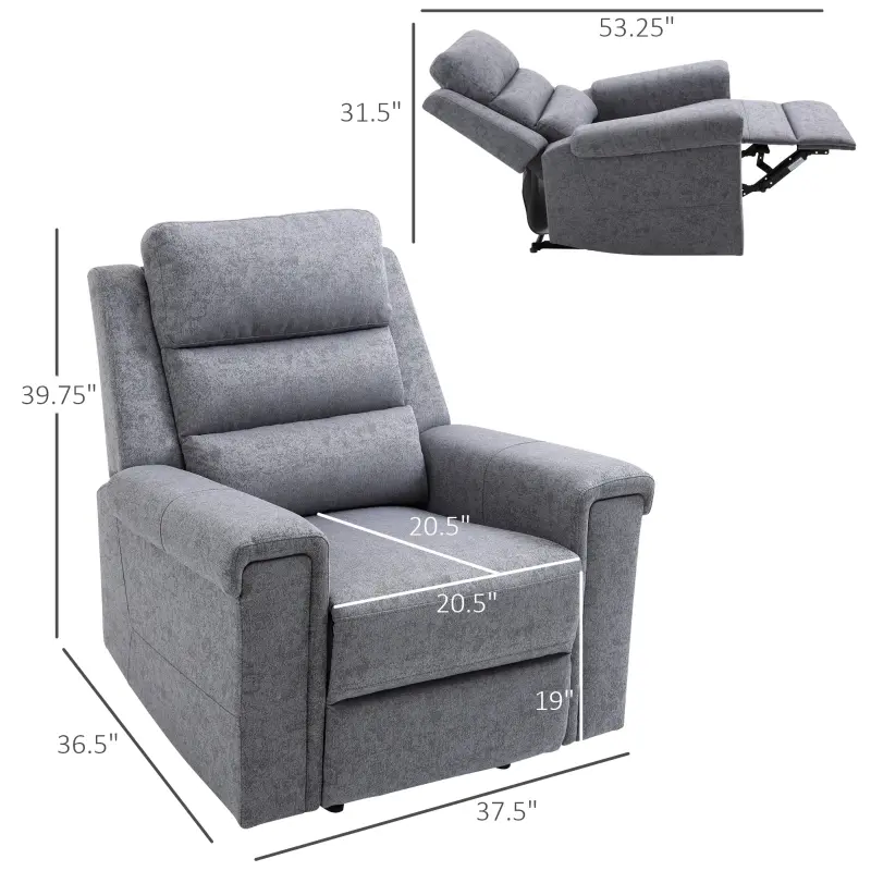 HOMCOM Modern Recliner Chair Linen Fabric Single Sofa Home Theater Seating with Overstuffed Armrest and Back, Grey