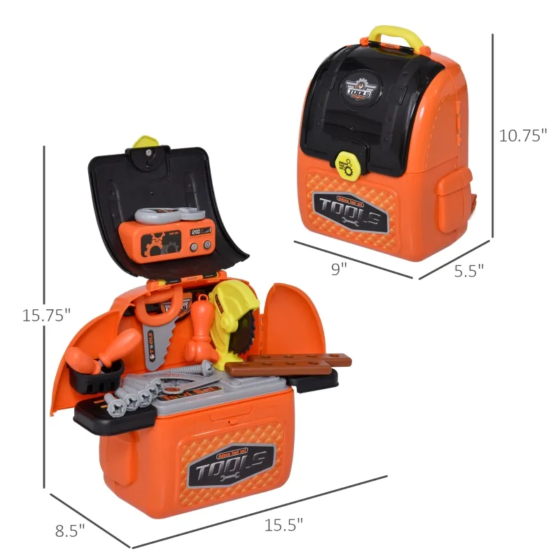 Qaba 34-Pieces Kids Tools Play Set Backpack Realistic Workbench Construction Toy for Boys Workshop Children Storage Carry Case Pretend Worker Costume Orange