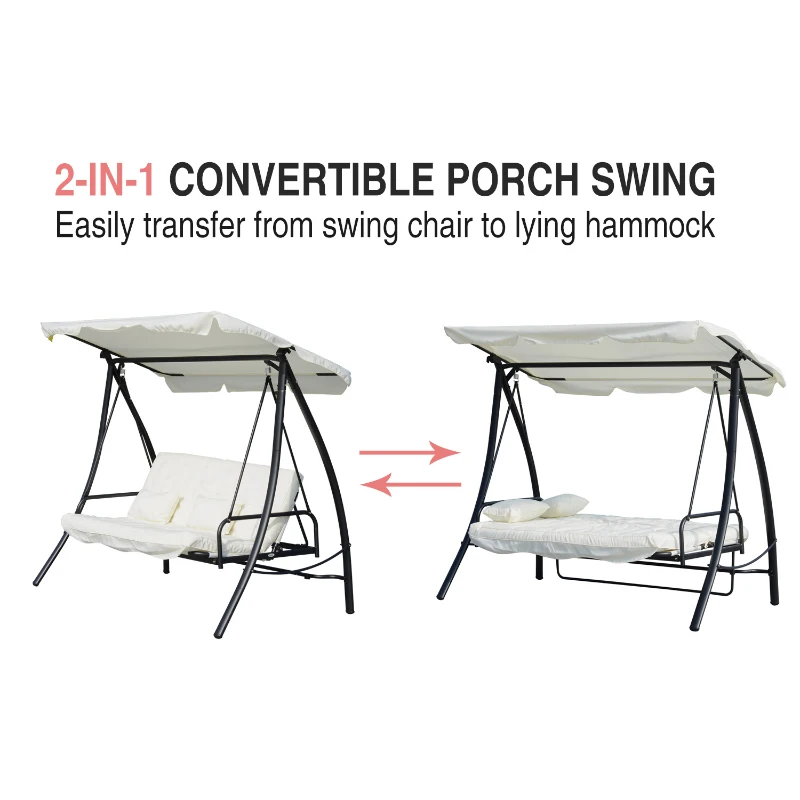Outsunny 3 Seater Swing Chair 2-in-1 Lounge Hammock Cushioned Seat Portable Outdoor Porch with Canopy Cream White