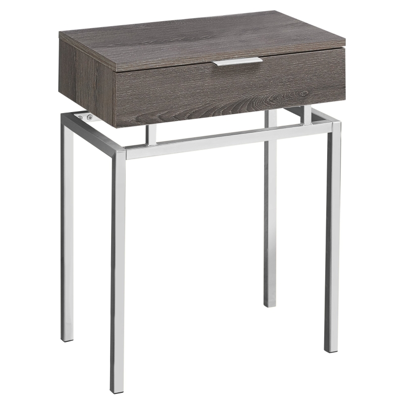 Monarch 24" Contemporary End Table Night Stand with Large Storage Drawer and Metal Base - Dark Taupe Wood Grain-Look / Chrome Base