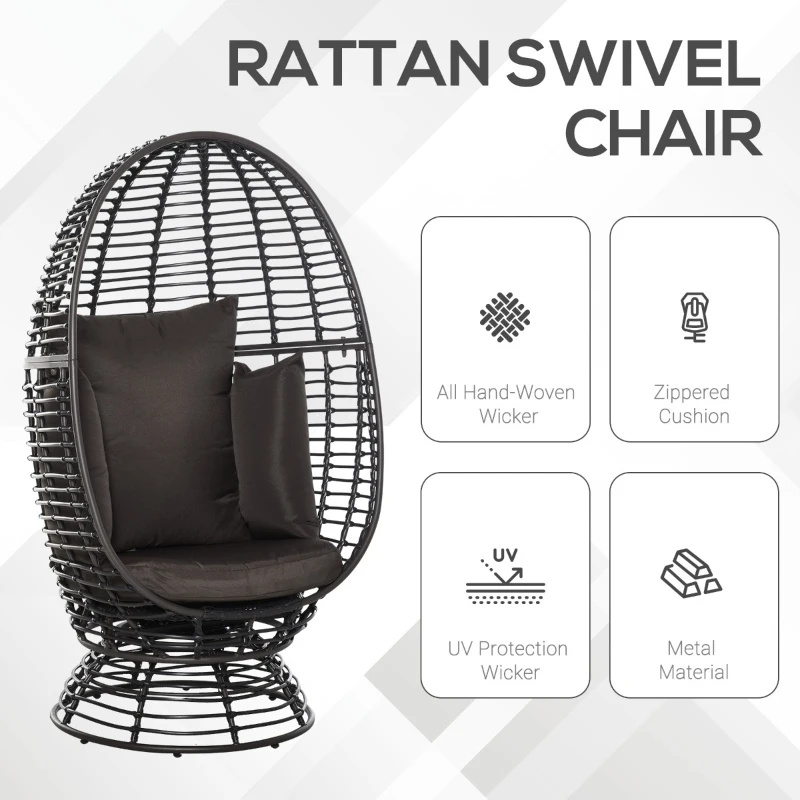 Outsunny Outdoor Wicker Egg Chair with Cushion, Lounge Chair Rattan 360 Degree Round Basket Chair for Backyard Garden Lawn Indoor Living Room, Brown