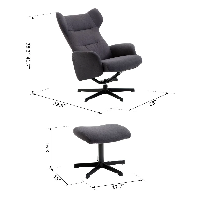 HOMCOM Recliner Ottoman Set Swivel Armchair Lounge Adjustable Backrest Padded Seat Footstool Living Room Grey