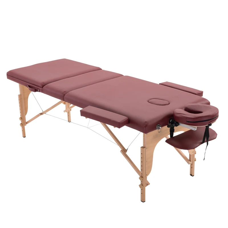 HOMCOM 3 Fold Massage Table w/ Carry Case Foldable Facial Spa Couch Dark Red