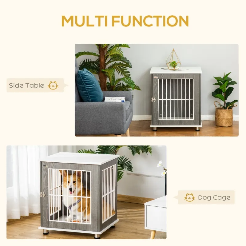 PawHut Dog Crate, Pet Cage Kennel, End Table Furniture Style, Indoor Decorative Dog House, with Wooden Top, Adjustable Feet, for Small Dogs, Grey