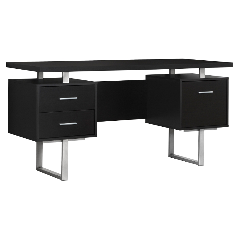 Monarch 60" Contemporary Floating Top Hollow-Core Office Desk with 2 Storage Drawers and File Drawer - Cappuccino / Silver Metal