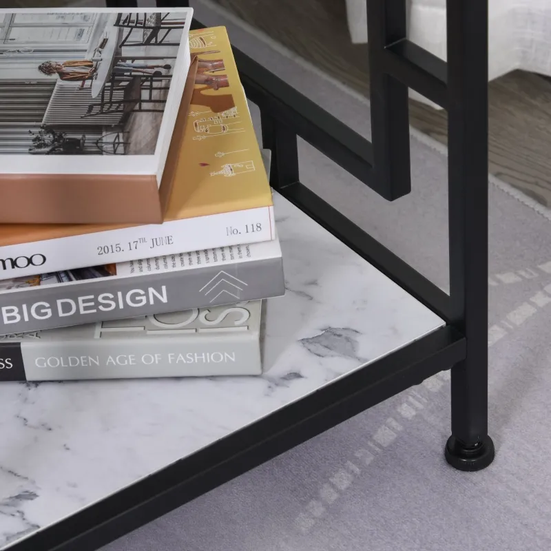 HOMCOM Modern End Table, Nightstand with Marble Textured Top, Sofa Side Table with Metal Frame for Living Room, Black