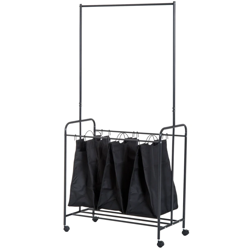 HomCom 3 Bag Heavy Duty Divided Laundry Hamper Sorter Cart With Wheels And Hanging Bar - Black