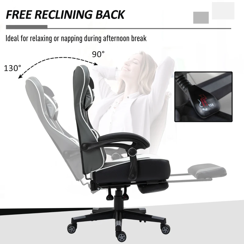 Vinsetto High Back Gaming Chair, Racing Style Ergonomic Computer Desk Chair with Adjustable Height, Retractable Footrest, Headrest and Lumbar Support, Grey