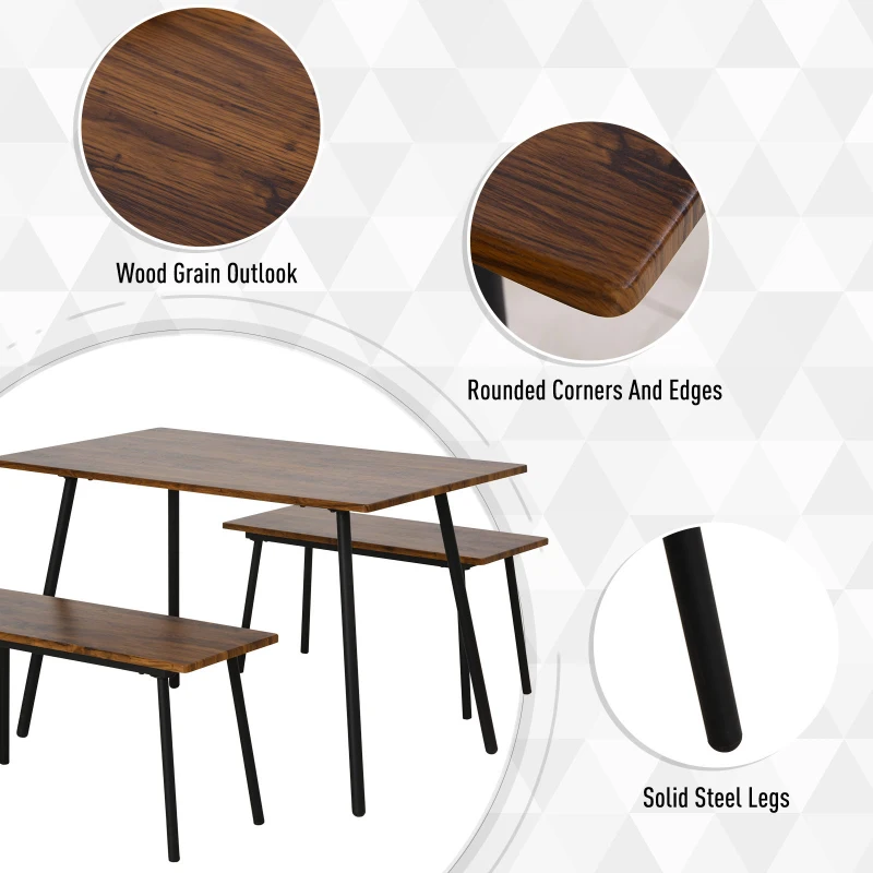 HOMCOM 3 PCs Table Dining Set With 2 Matching Benches P2 Grade MDF Steel Legs Dining Room - Brown