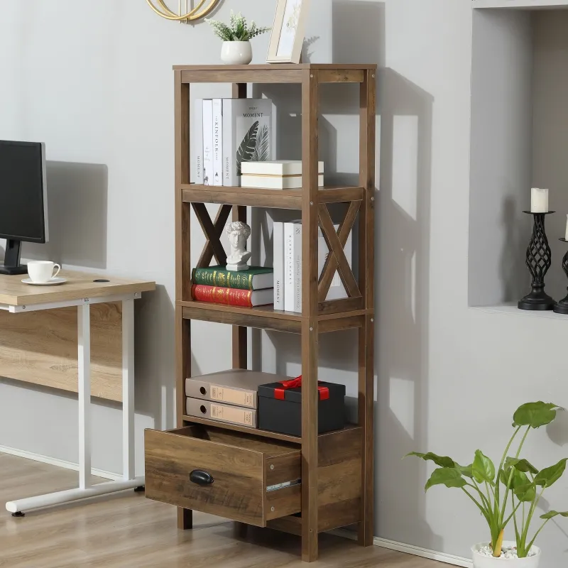 HOMCOM Farmhouse Chic 3-Tier Shelf Bookcase Display Rack with Drawer for Living Room, Bedroom, Office, Natural Wood