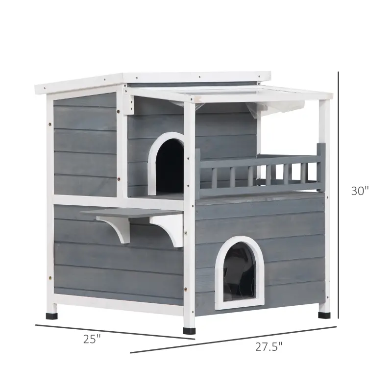 PawHut 2-Story Wooden Cat House Feral Cat Shelter with Transparent PVC Canopy, Balcony, Escape Door and Openable Weatherproof Roof for Outdoor, Grey