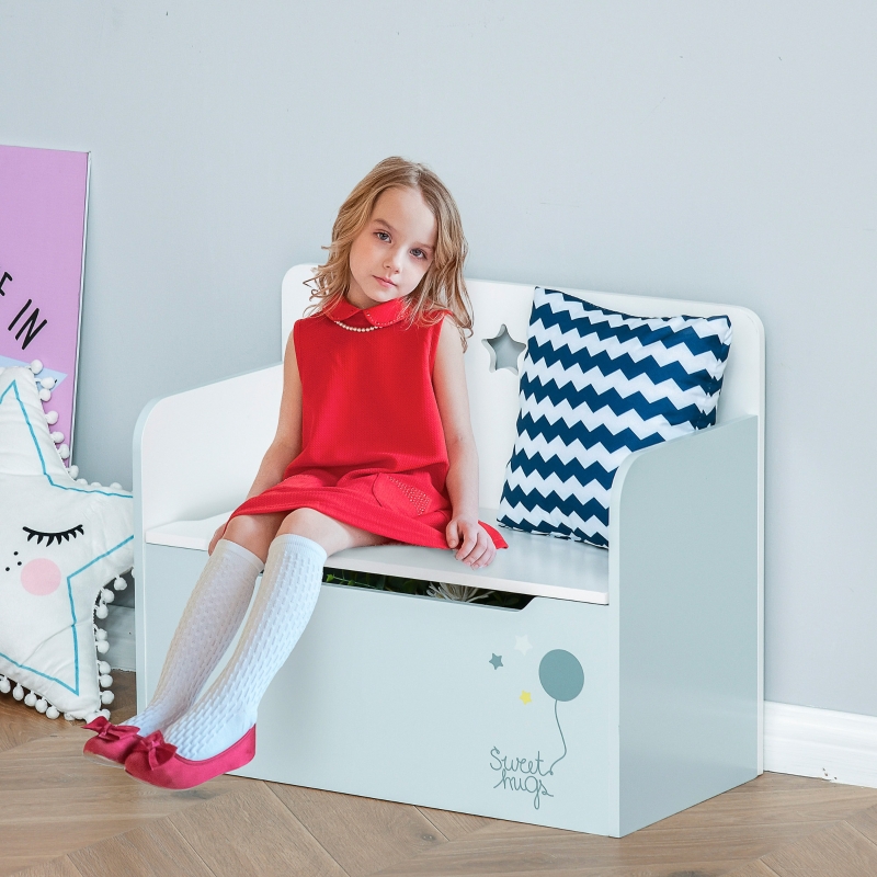 Qaba Kids Wooden Toy Storage Box Organizer Chest Chair 2 in 1 Design with Gas Stay Bar Seating Bench 23.5" x 11.75" x 19.75" Light Blue