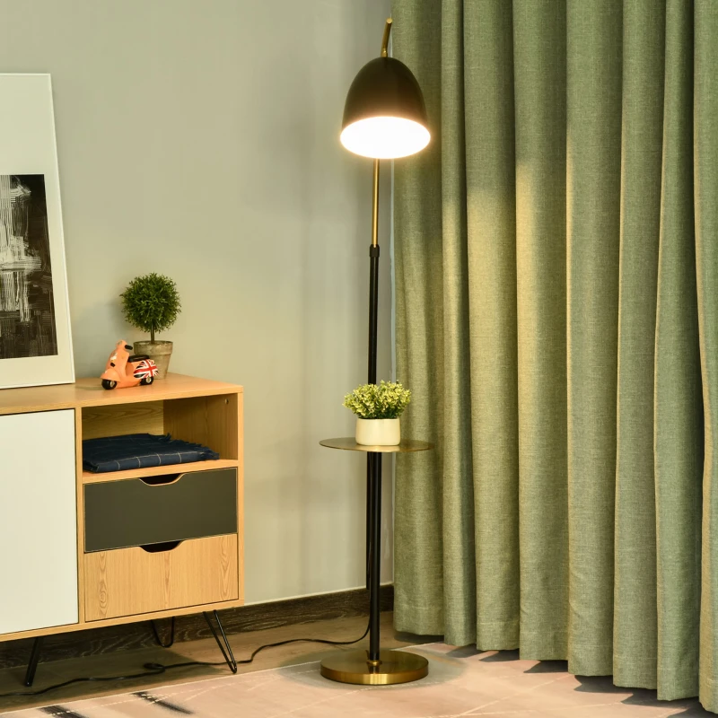 HOMCOM Height-Adjustable Indoor Floor Lamp with 11.75" W Small Round Table and Base, 67" Max Height, Black and Gold