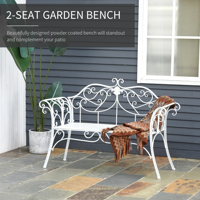 Outsunny Two-Seat Iron Garden Bench Outdoor Metal Patio Loveseat Garden Seat Chair, White