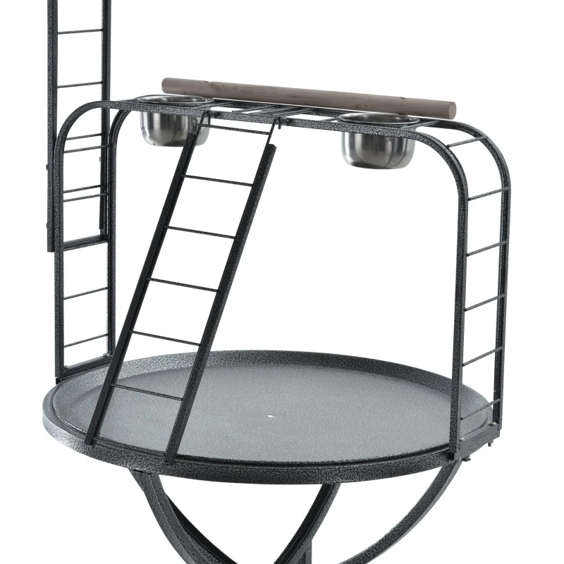 PawHut Parrot Stand Large Bird Perch Stand with Toy Hook & 3 Ladders, Parrot Perch with Easy Grip, Bird Wooden Stand, Gray