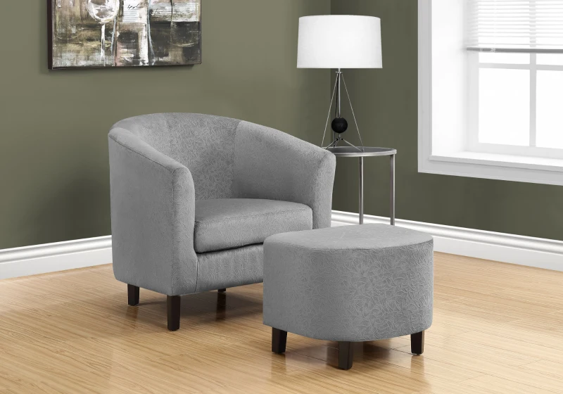 Monarch Curved Back Floral Velvet Accent Barrel Tub Chair with Matching Ottoman - Light Grey