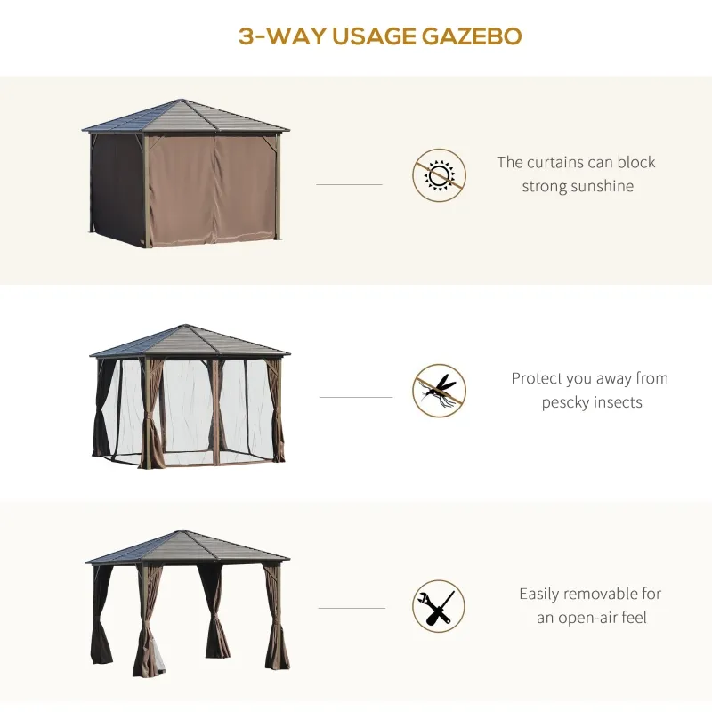 Outsunny 10' x 10' Hardtop Gazebo with Curtains and Netting, Permanent Pavilion Metal Roof Gazebo Canopy with Aluminum Frame, for Garden, Patio, Backyard, Deck, Dark Brown