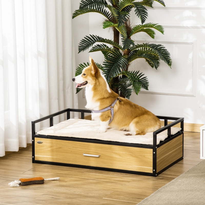 PawHut Elevated Dog Bed, Furniture Style Pet Couch, Soft Modern Puppy Sofa, with Storage Drawer, Washable Cushion, Steel Frame, for Medium Dogs, Oak