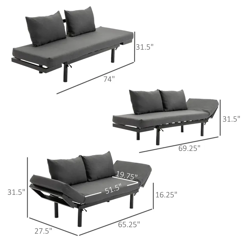 HOMCOM Single Person Chaise Lounger, Modern Sofa Bed with 5 Adjustable Positions, 2 Large Pillows, and Birch Legs, Charcoal Grey