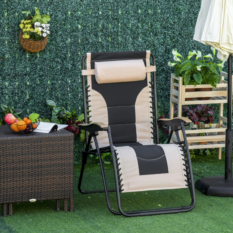 Outsunny Foldable Outdoor Lounge Chair with Footrest, Oversized Padded Zero Gravity Lounge Chair with Headrest, Cup Holders, Armrests for Camping, Lawn, Garden, Pool, Beige