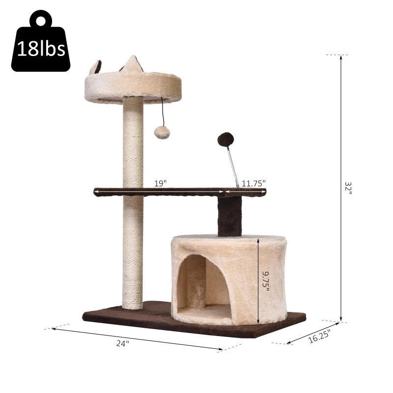 PawHut 81cm/32" Multi-level Cat Tree Scratcher Kitty Activity Center,Condo, Perch, Jumping Platforms,Toys Brown and Beige