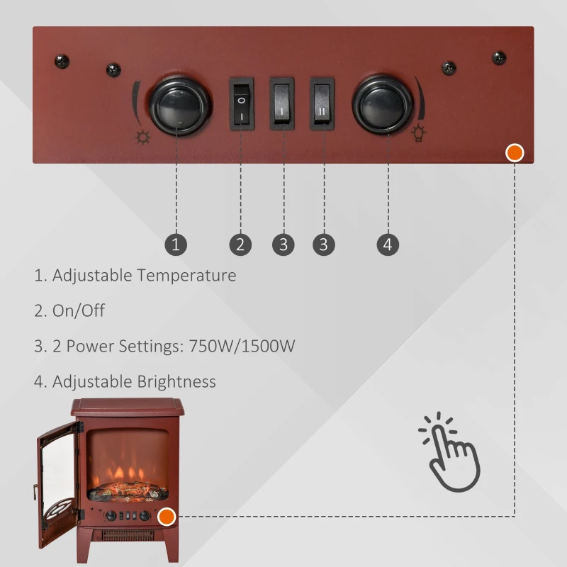 HOMCOM Electric Fireplace Stove, Free standing Fireplace Heater with Realistic Flame Effect, Overheat Safety Protection, 750W/1500W, Red