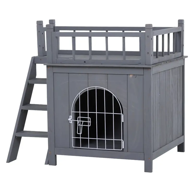 PawHut 2-Level Wooden Cat House, Outdoor Dog Shelter Cat Condo with Lockable Wire Door and Balcony, Grey